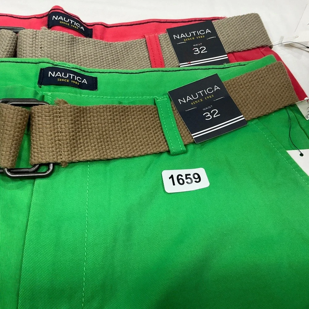 Nautica Mens 32 Chino Shorts 2 Pack Red Green Belted Flat Front BC6102 NEW